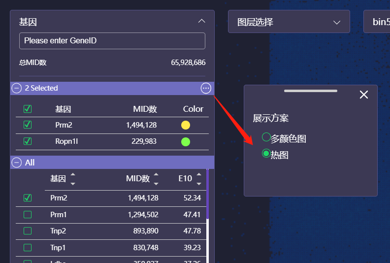 勾选基因并切换至热图状态